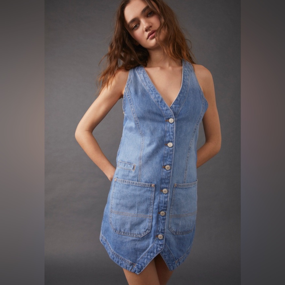 We The Free Light Blue Denim Button-Front Mini Dress Medium